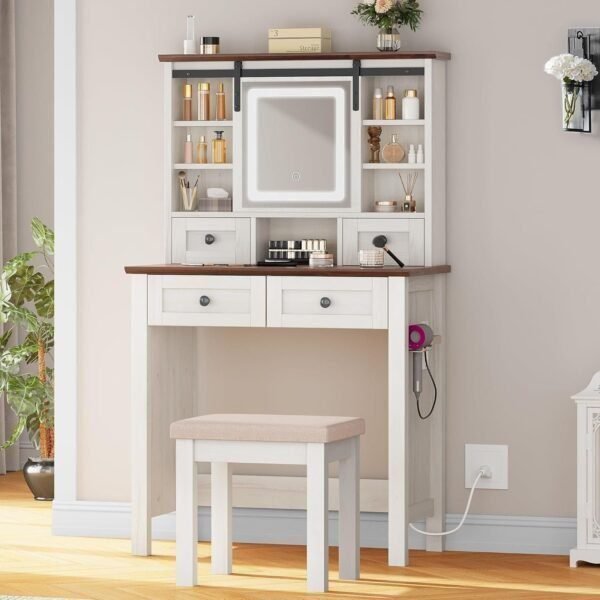 Farmhouse Vanity Desk with LED Lighted Sliding Mirror  Makeup Vanity Table with 4 Drawers Shelves - Image 2
